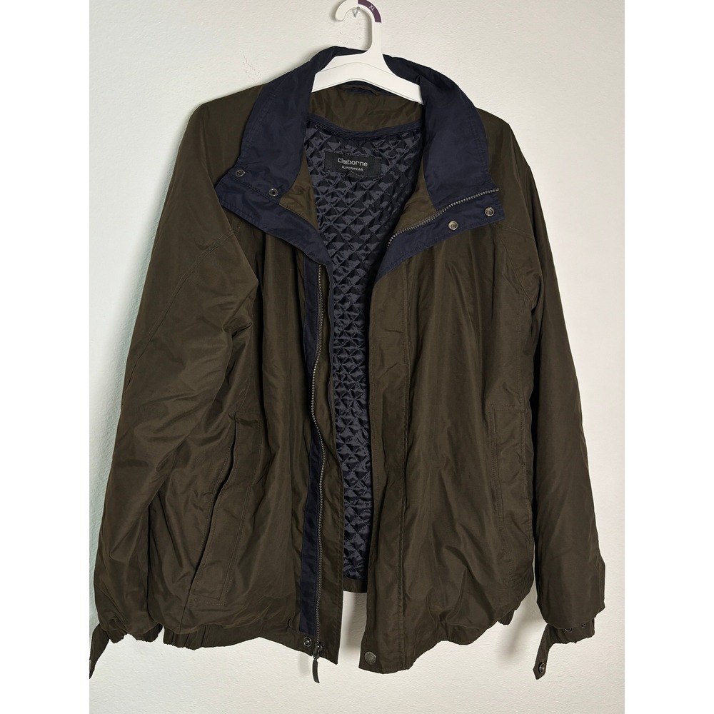 Claiborne Outerwear Mens XL Olive‎ Green Navy Blue Quilted Lined Bomber Jacket